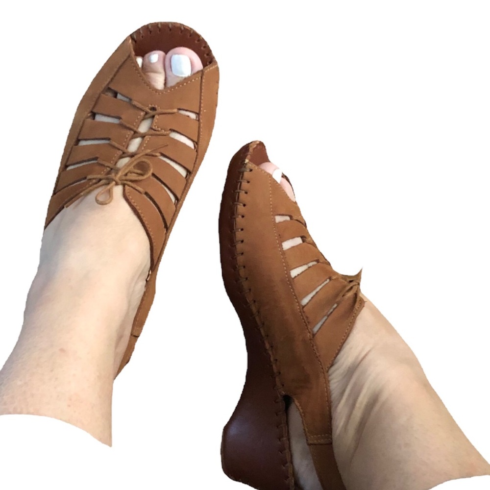 Natural Sport Women's 8 Italy Suede Leather Lace Up Peep Toe Slingbacks Brown